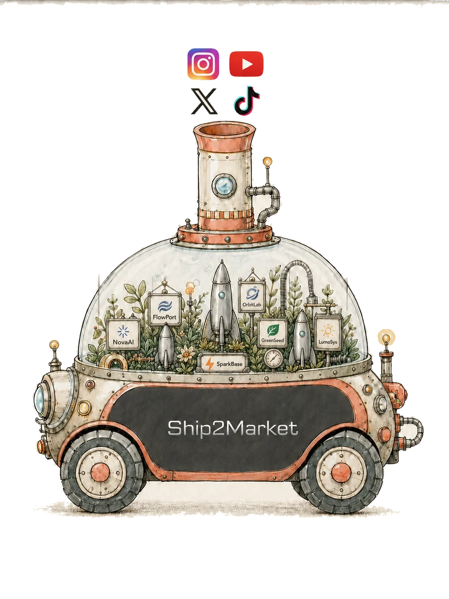 Ship2Market: a steampunk car carrying a glass greenhouse of AI product logos, with YouTube, X, Instagram and TikTok icons above it